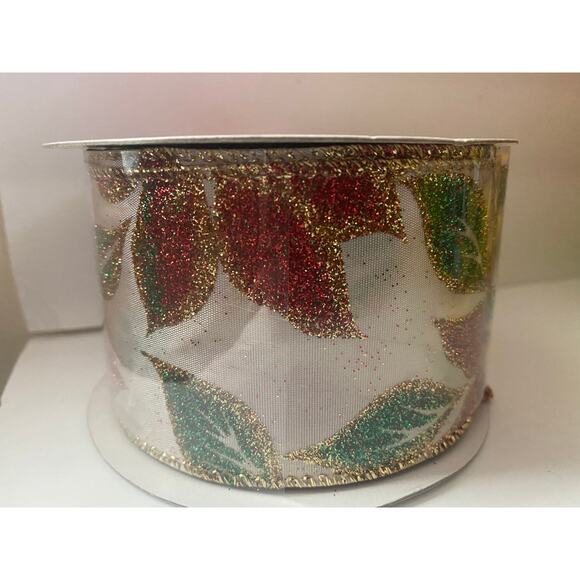 9 Feet 2.5” Red Gold Glitter Poinsettia Wired Christmas Ribbon for Gifts Crafts - Picture 4 of 8